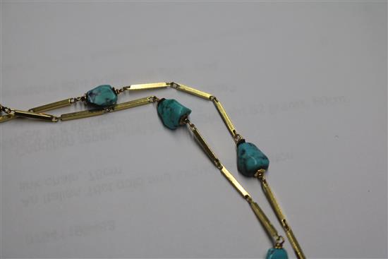 An Italian 18ct gold and turquoise set baton link chain, 78cm.